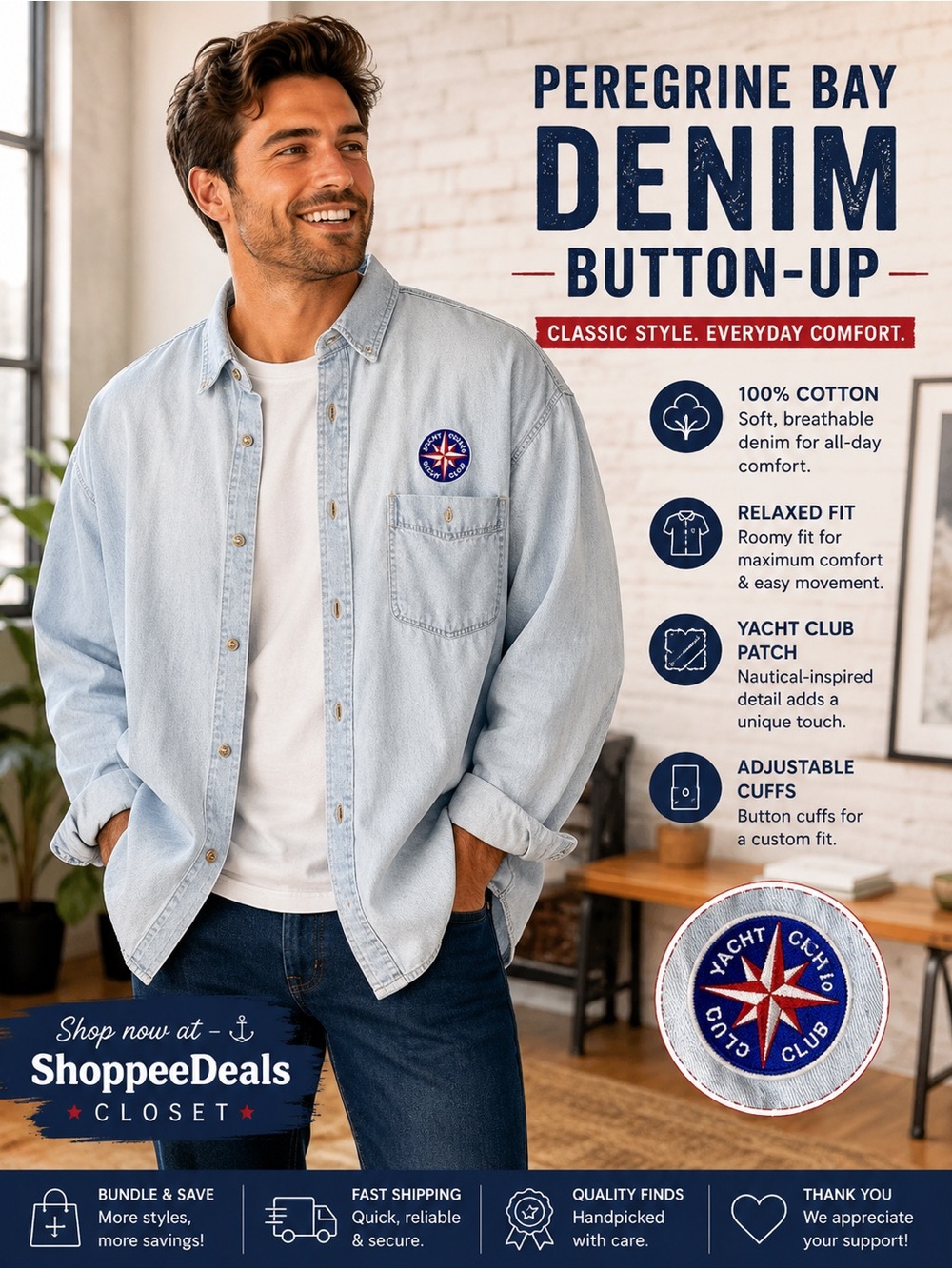 Peregrine Bay Light Wash Denim Button-Up Shirt – Men’s XXXL – 100% Cotton